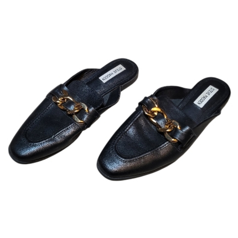 Steve Madden Black Leather Cassady Loafer Mules w/ Gold Chain - Size 9M - Picture 2 of 7